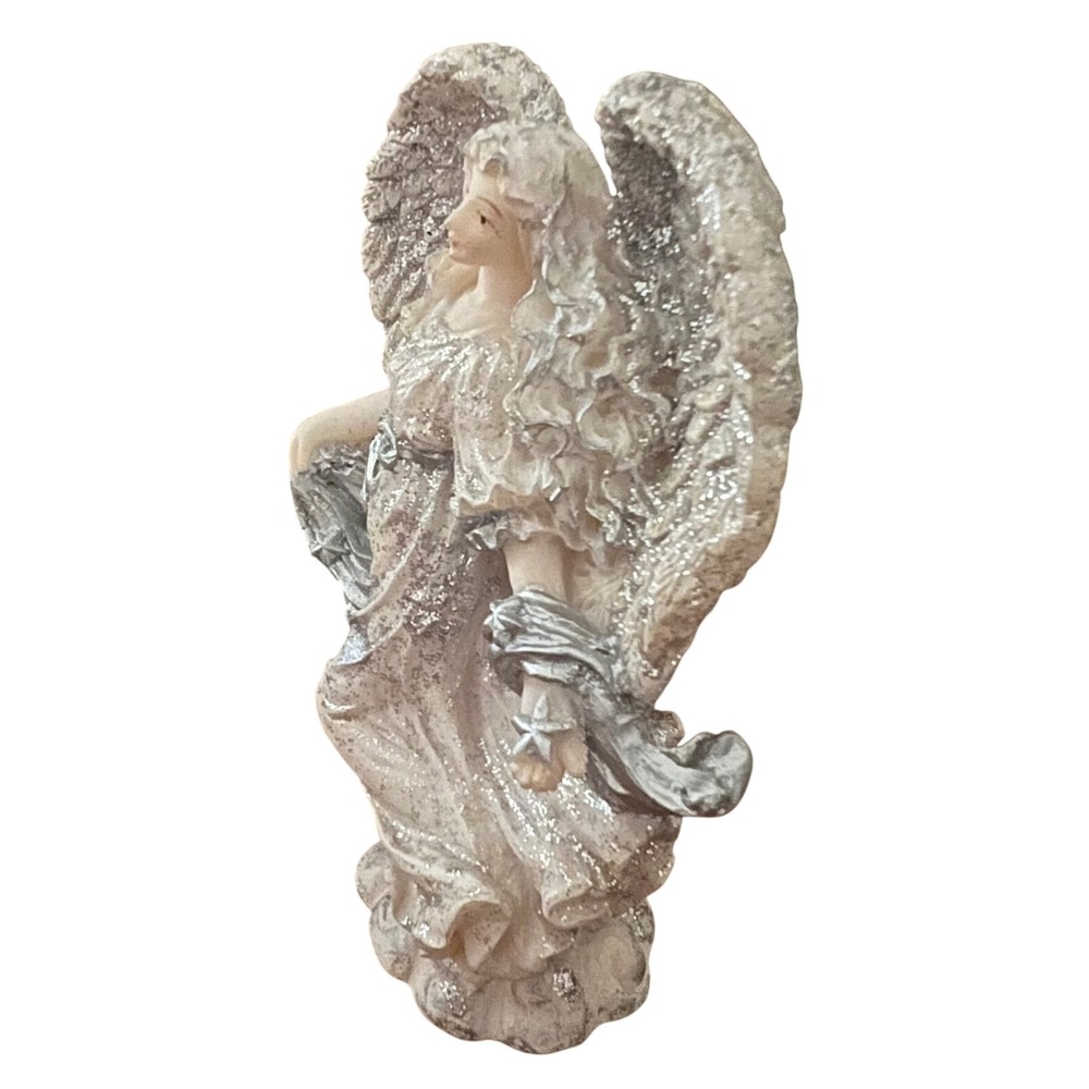 Vintage Glitter Guardian Angel Figurine White Resin Christmas Decor Statue. EUC - Picture 3 of 5